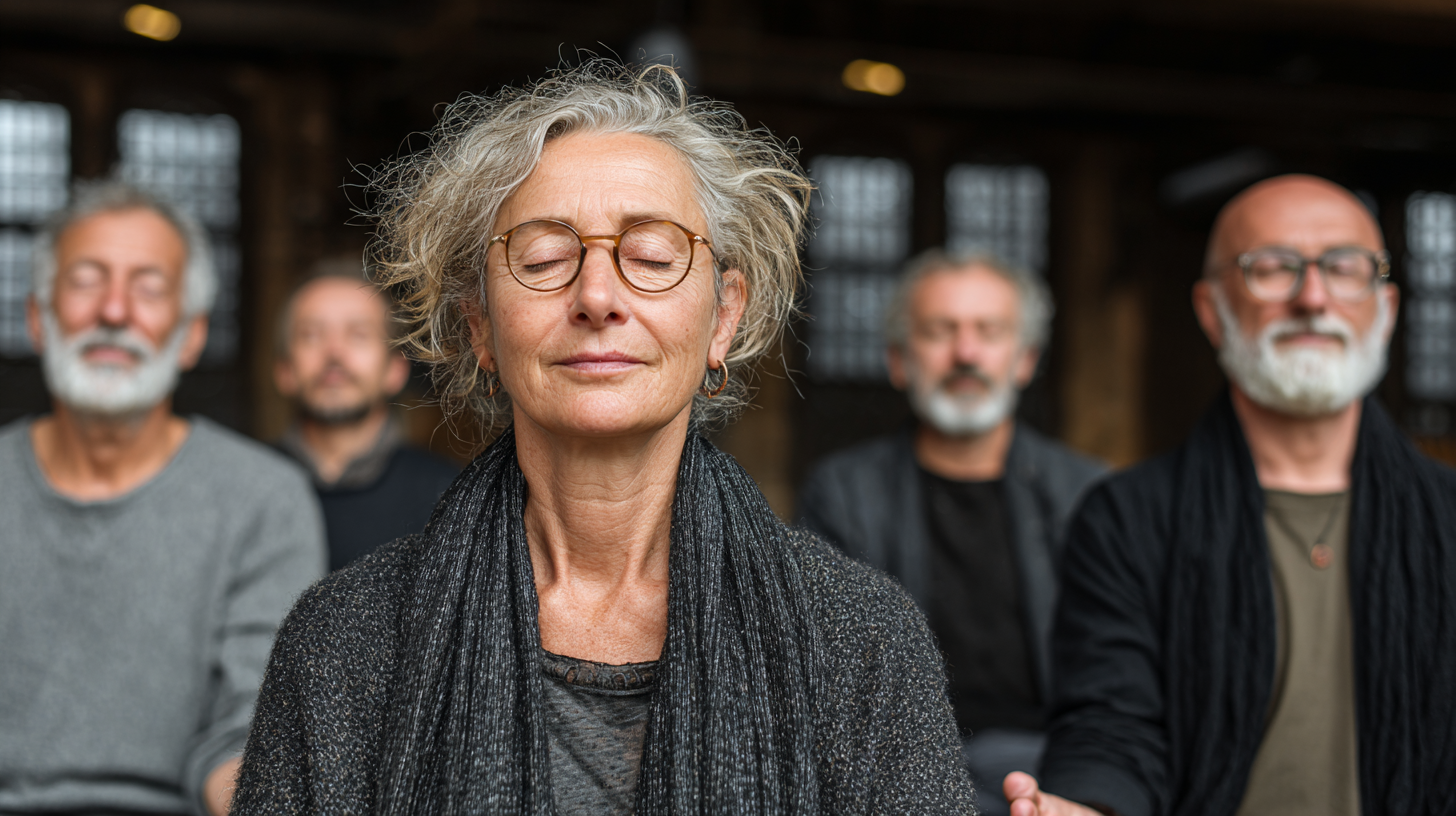 Група людей зрілого віку виконує вправи йоги в світлій студії